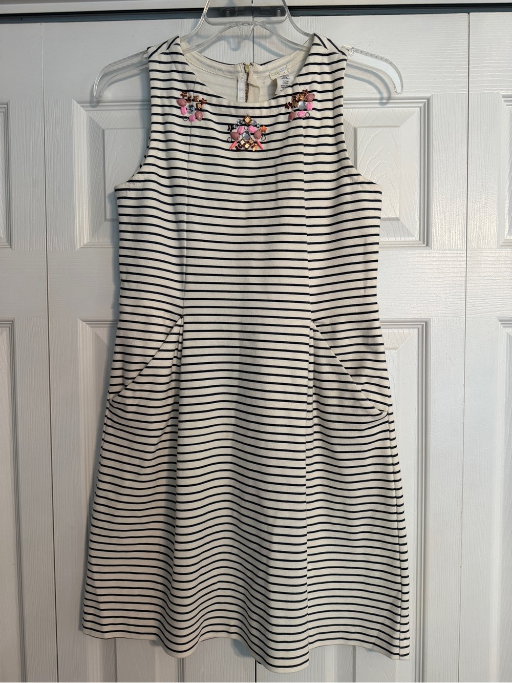 Girls Crewcuts navy and cream striped dress with jeweled neckline